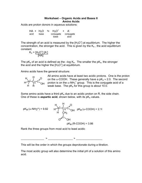 Worksheet A Organic Acids And Bases Ii Amino Acids Acids Are