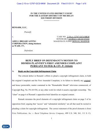 REPLY BRIEF ON DEFENDANT'S MOTION TO DISMISS ...