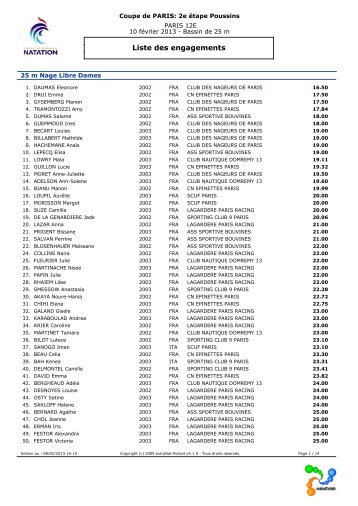 Liste des engagements - ComitÃ© de paris natation