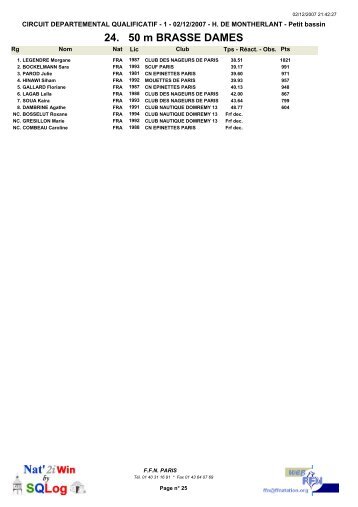 24. 50 m BRASSE DAMES - ComitÃ© de paris natation