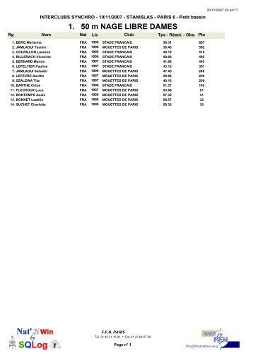 1. 50 m NAGE LIBRE DAMES - ComitÃ© de Paris natation