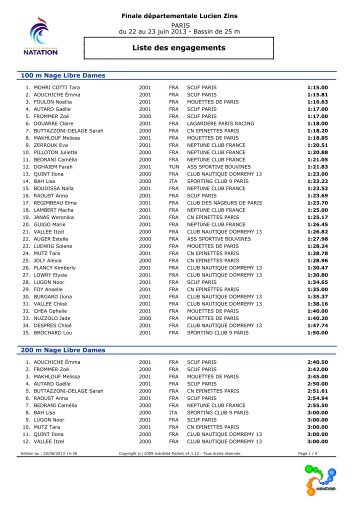 Liste des engagements - ComitÃ© de paris natation