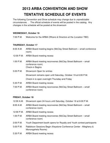 2013 arba convention and show tentative schedule of events