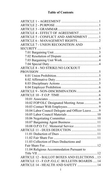 ARTICLE 1 – AGREEMENT - Ohio FOP Lodge #149