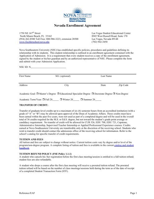 Nevada Enrollment Agreement - 1 - Nova Southeastern University