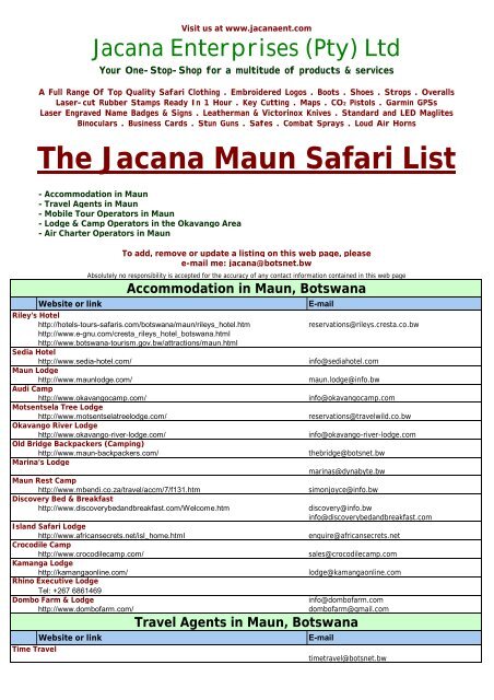 The Jacana Maun Safari List Accommodation in ... - Jacanaent.com