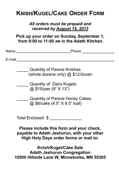 KNISH/KUGEL/CAKE ORDER FORM - Adath Jeshurun Congregation