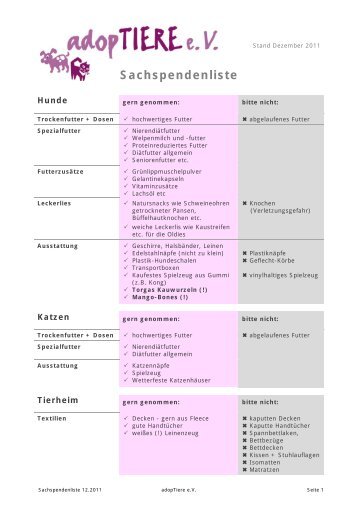 Sachspendenliste - adopTiere eV