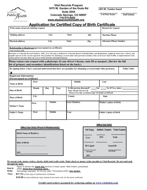 Application For Certified Copy Of Birth Certificate El Paso County