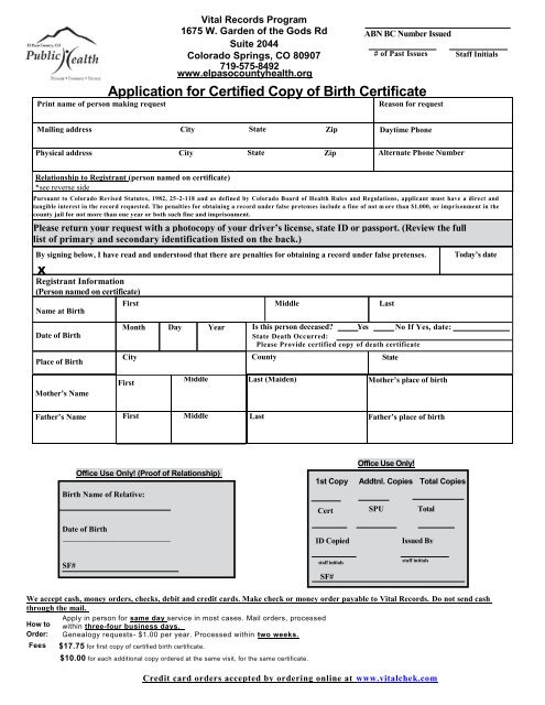 Application for Certified Copy of Birth Certificate - El Paso County ...