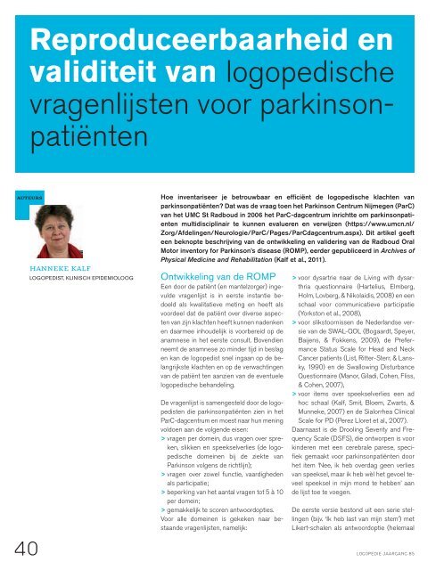 Themanummer Logopedie over de ziekte van ... - ParkinsonNet