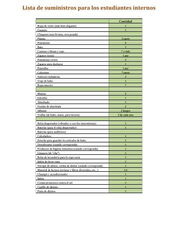 Lista de suministros para los estudiantes internos - Washington ...