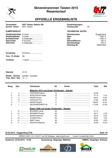 Skivereinsrennen Taisten 2015 Riesentorlauf OFFIZIELLE ERGEBNISLISTE