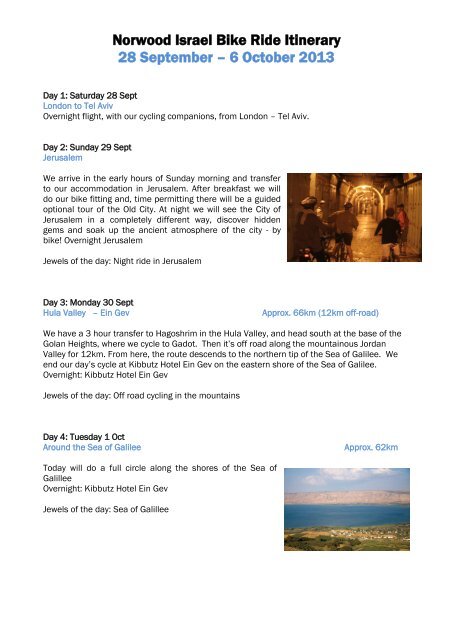 Norwood Israel Bike Ride Itinerary 28 September â 6 October 2013