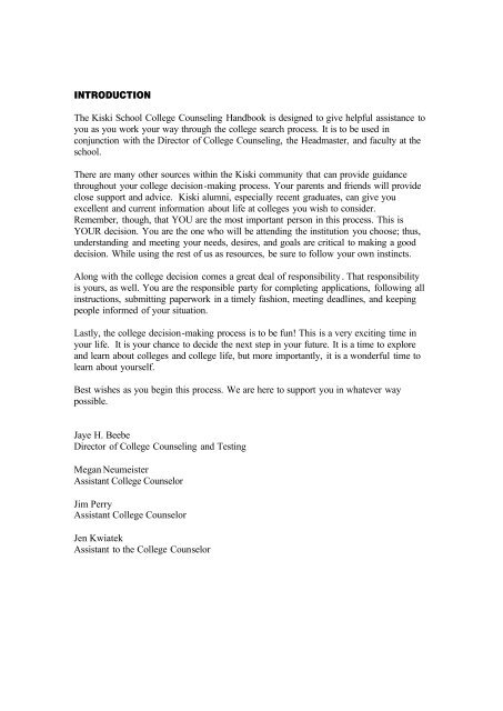INTRODUCTION The Kiski School College Counseling Handbook is ...