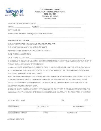 city of fairway kansas application for solicitation permit ... - Fairway, KS