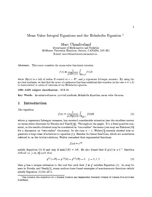 Mean Value Integral Equations And The Helmholtz Equation