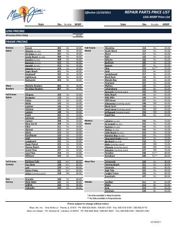 REPAIR PARTS PRICE LIST - Maui Jim