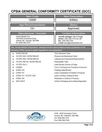 CPSIA GENERAL CONFORMITY CERTIFICATE (GCC) - Outset Media