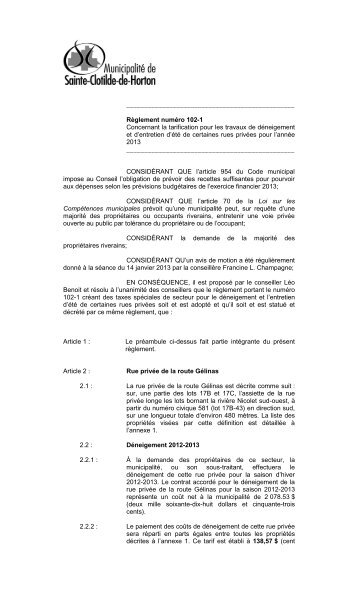 RÃ¨glement No 102-1 concernant la tarification des travaux d ...
