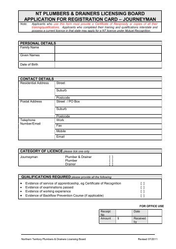 nt plumbers & drainers licensing board application for registration card