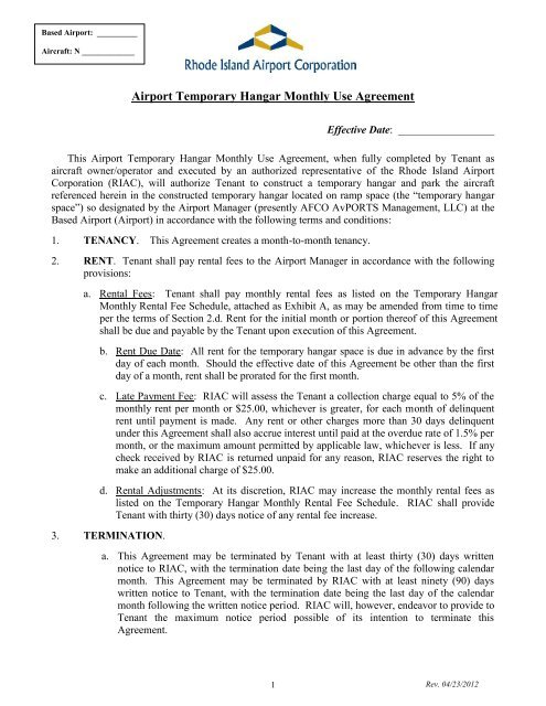 Airport Temporary Hangar Monthly Use Agreement - PVD