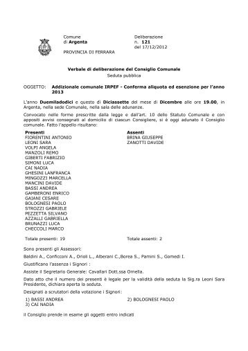 Comune Deliberazione di Argenta n. 121 del 17/12/2012 ...