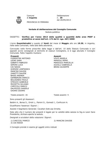 Comune Deliberazione di Argenta n. 39 del 20/05/2013 PROVINCIA ...