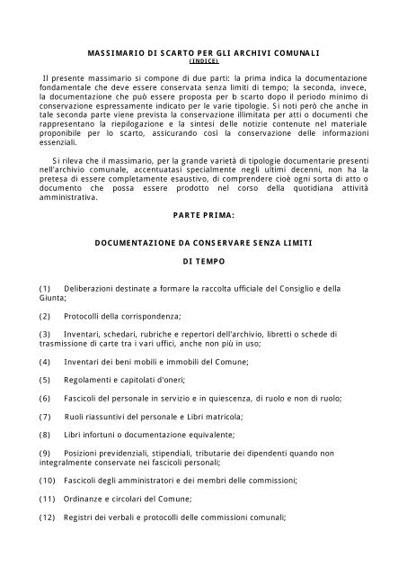 MASSIMARIO DI SCARTO PER GLI ARCHIVI COMUNALI Il ...
