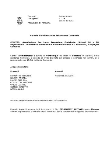 Delibera Giunta Comunale n. 29 - Comune di Argenta
