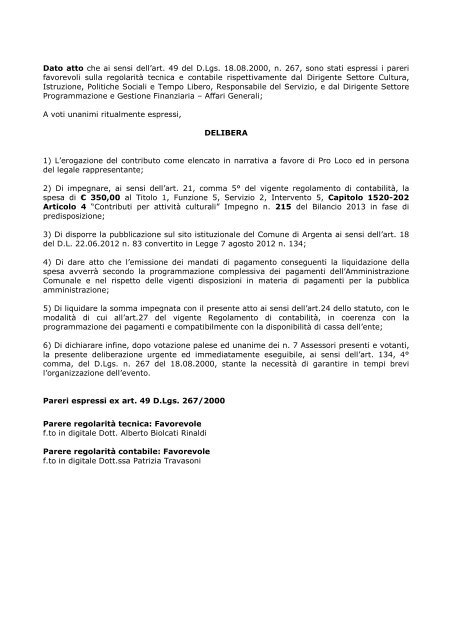 Delibera Giunta Comunale n. 29 - Comune di Argenta