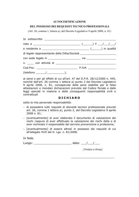 Fac Simile Autocertificazione Dei Requisiti Tecnico Professionali Word