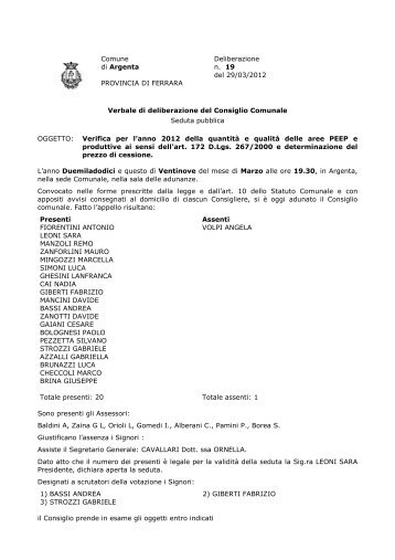 Comune Deliberazione di Argenta n. 19 del 29/03/2012 PROVINCIA ...