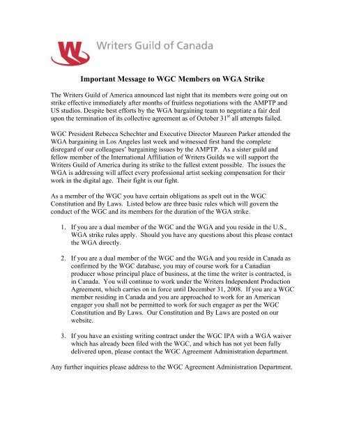 Important Message to WGC Members on WGA Strike