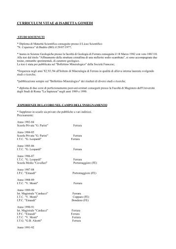 CURRICULUM VITAE di ISABETTA GOMEDI - Comune di Argenta