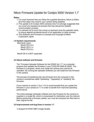 Nikon Firmware Update for Coolpix 5000 Version 1.7