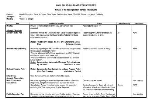 LYALL BAY SCHOOL BOARD OF TRUSTEES (BOT) Minutes of the ...