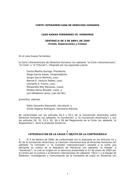 Caso Kawas Fernández vs. Honduras - Corte Interamericana de ...