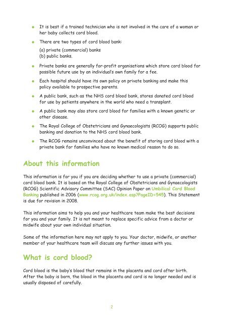 Cord blood banking - information for parents