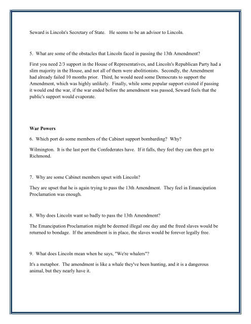 Lincoln study questions lincoln movie questions warren county schools answers