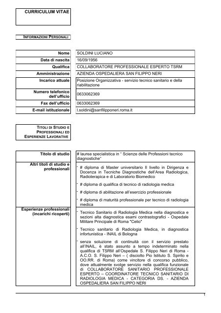 curriculum vitae - Azienda Complesso Ospedaliero San Filippo Neri