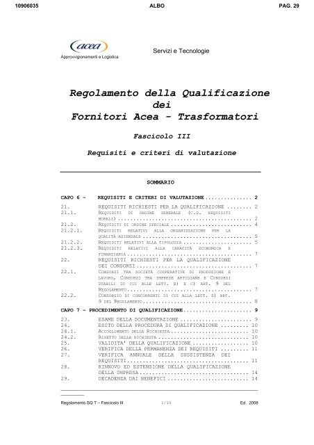 Regolamento della Qualificazione dei Fornitori Acea - Trasformatori