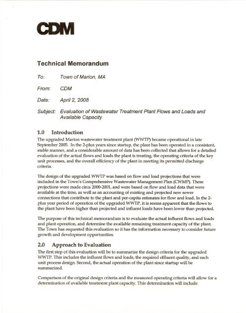 Technical Memorandum 1.0 Introduction 2.0 Approachto Evaluation