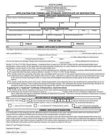 application for towing and storage certificate of destruction