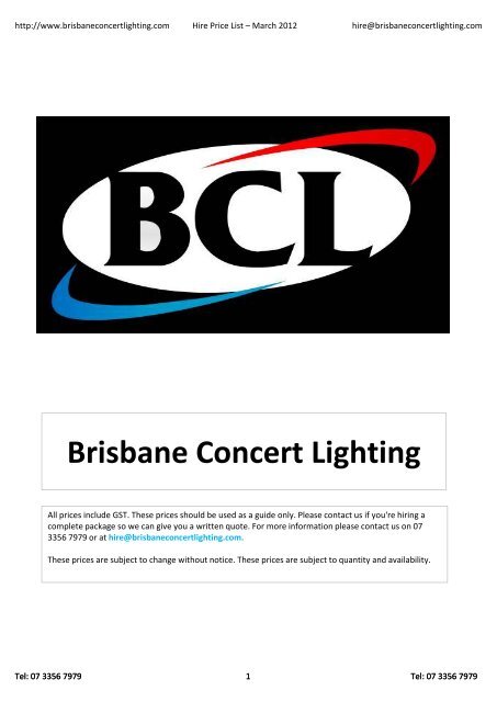 BCL Hire Price List March 2012.xlsx - Brisbane Concert Lighting