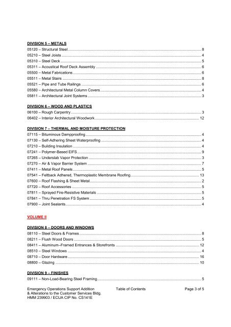 Specifications Volume One (Div. 0 thru 07) - Lord and Son ...