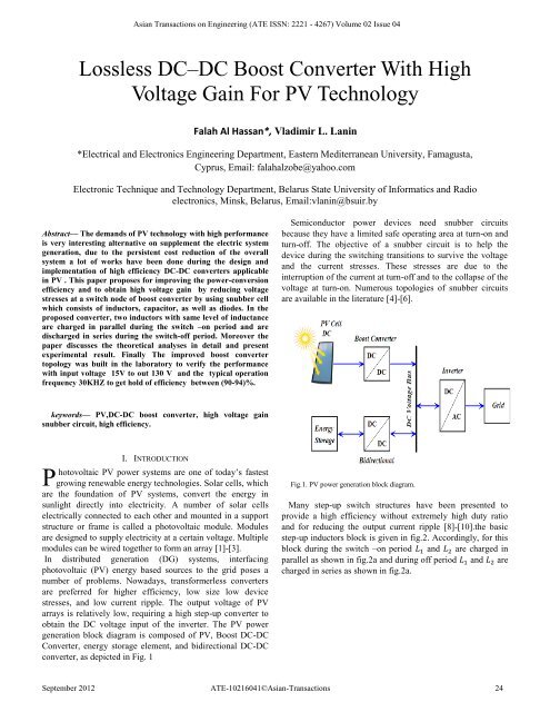 Lossless DCâ DC Boost Converter With High Voltage Gain For PV ...