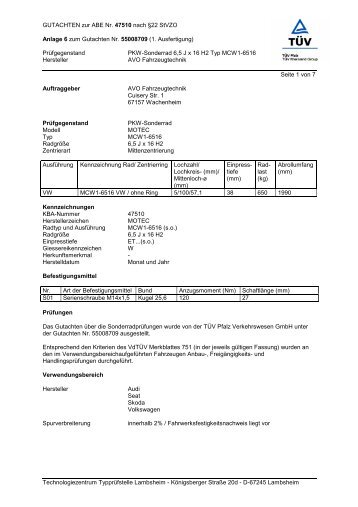 GUTACHTEN zur ABE Nr. 47510 nach Â§22 StVZO Anlage 6 ... - Motec