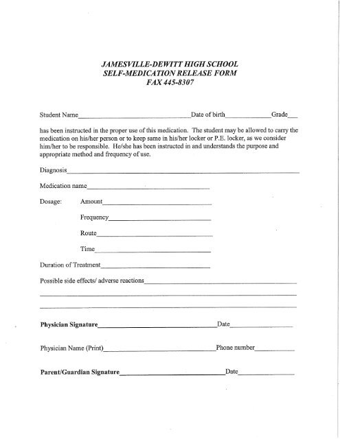 Self Medication Release Form - Jamesville-DeWitt Central School ...