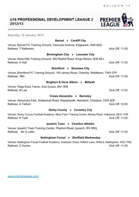 U18 Development League Bulletin 19 Premier League U18 Development League Bulletin 19 Premier League